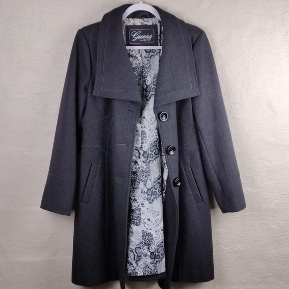 Guess Vintage Gray Wool Blend Shawl Collar Long Sleeve Mid Length Driving Coat - Picture 5 of 14